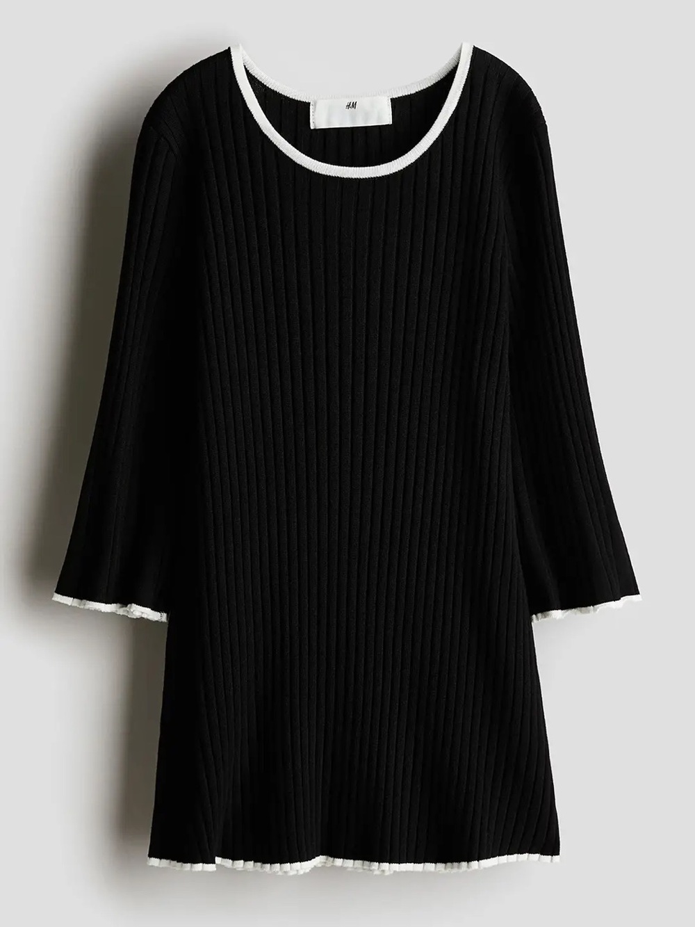 H&M Black Ribbed Knit Dress with White Trim Accents